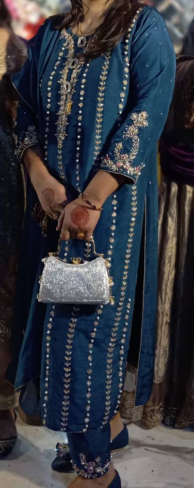 Elegant Navy Blue Raw Silk  Embroidered Party Wear Suit – 3 Piece