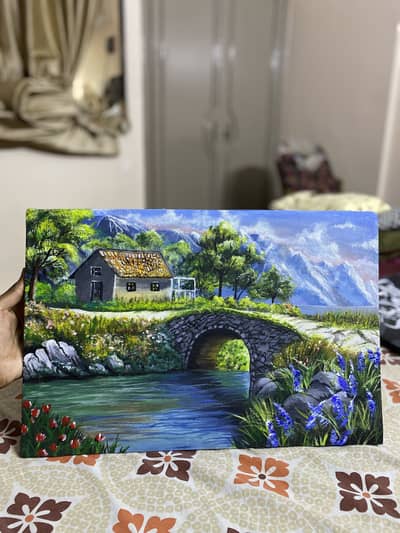 Tranquil Cottage by Stone Bridge - Handmade Acrylic Landscape Painting