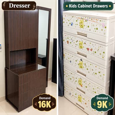 Wooden Dressing Table with Mirror & Kids Plastic Storage Cabinet