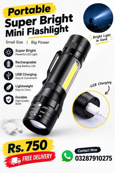 Portable Super bright Mini flashlight black metal USB Rechargeable