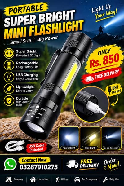 Portable Super bright Mini flashlight black metal USB Rechargeable