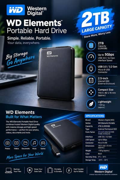Western Digital 2 TB 2000 GB Portable Hard Drive 3.1 Gen 1