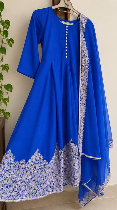 elegant blue chiffon long froke 3 piece