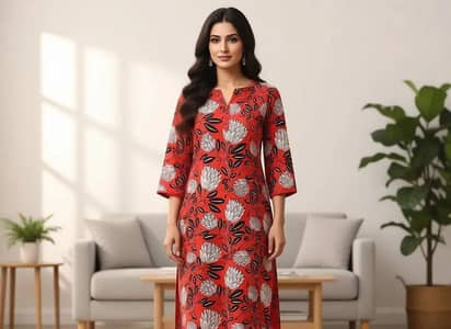 2 Pcs Women Lawn Suit Red - Unstitched Printed - Latest Collection