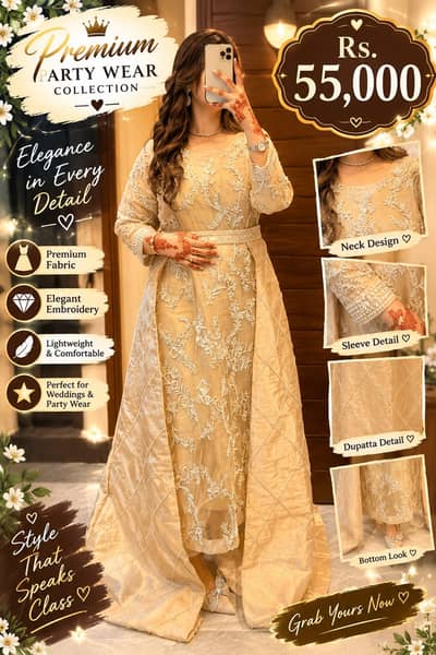 Luxury Golden Embroidered Party Wear Dress | Elegant Wedding & Bridal