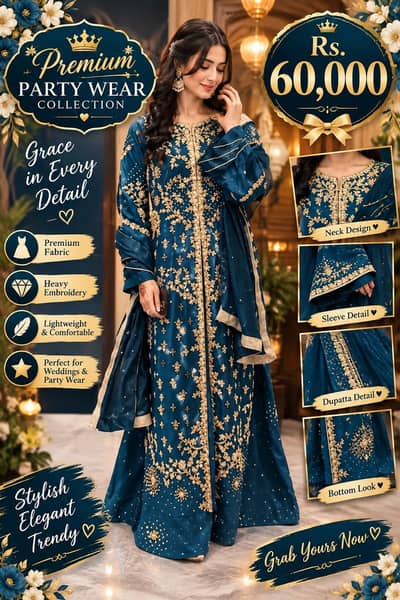 Luxury Navy Blue Embroidered Party Wear Dress | Heavy Golden Work | W