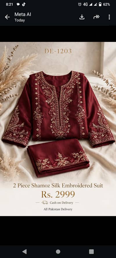DE-1203 Shamoz Silk 2 Piece Embroidered Suit For Women - Rs 2999