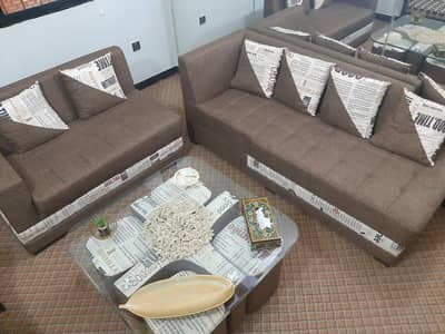 5 seater L shaped Sofas with 4 stools and center table - Almost New