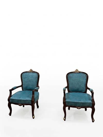 Pair of Classic Wooden Armchairs – Blue Velvet Upholstery