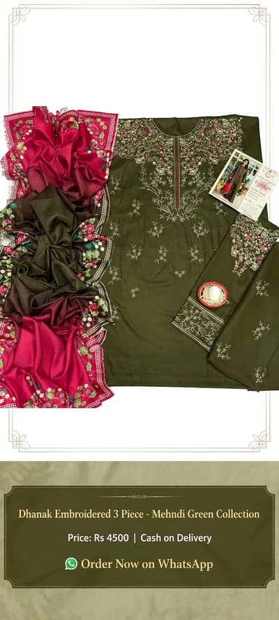 Dhanak 3pc Mehndi Green Embroidered Suit with 3 Shade Shawl