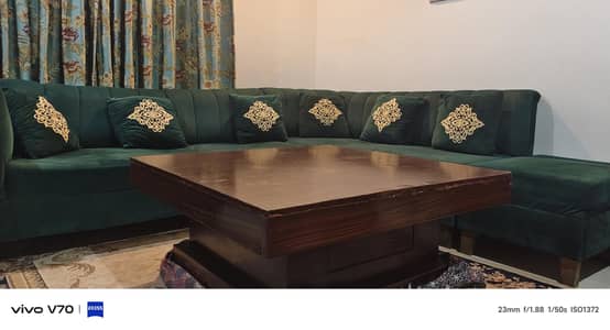L shape sofa (with table and curtains)