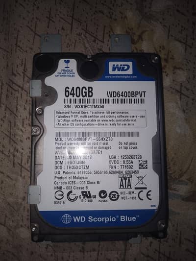 HDD 640GB LAPTOP PULLED USED