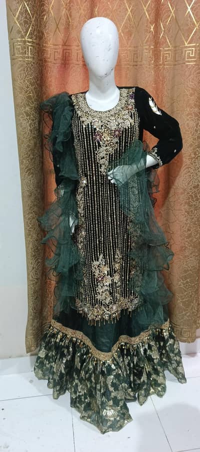 green farshi gharara+velvet long shirt Nd trouser with frill dupatta