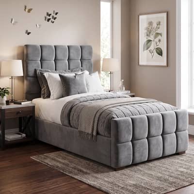 Luxury Grey Velvet Single Bed, Modern Padded Panel Head & Footboard