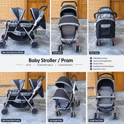 Double Baby Pram – Black & Grey – Excellent Condition