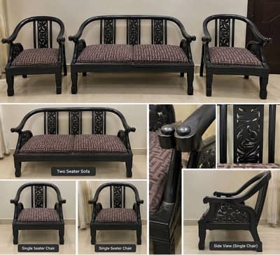 Beautiful Wooden Sofa Set – 2 Chairs + 1 Two-Seater | Good Condition