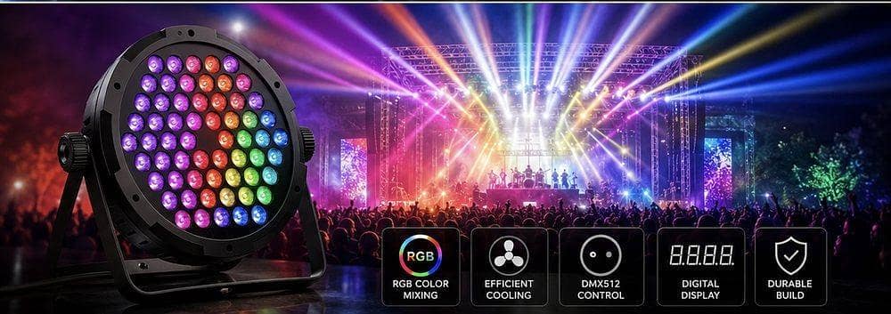 REAL TECH SOLUTION 60 LED RGB Par 60 LEDS · RGB · 18W SOUND-ACTIVATED · AUTO MODE   PROFESSIONAL 60 LED RGB PAR LIGHT · COMPACT DJ SERIES 60 LED RGB DJ Par Light