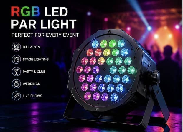 REAL TECH SOLUTION DJ Disco Light SOUND-ACTIVATED · RGBW · 7 CHANNEL STROBE · AUTO · DMX512 CONTROL