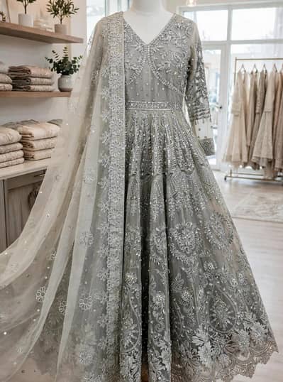 grey  silver heavy embroidered bridal maxii,Easter party wear_28k