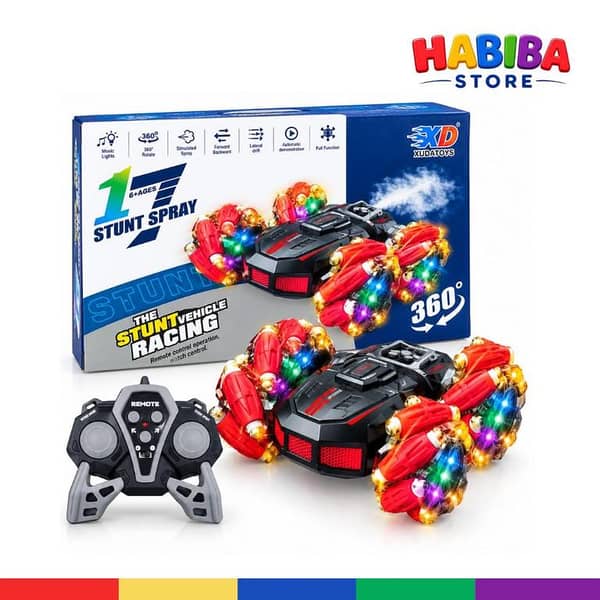 Rechargeable Stunt Car Toy with Remote Control | 360° Rotating & Drifting RC Car | 4WD Double-Sided Stunt Vehicle with LED Lights, Music & Spray Mist | Kids Remote Control Racing Car - Habiba Store
