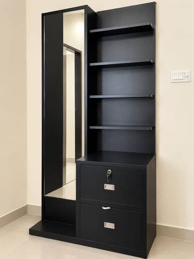 Black Wooden Dressing Table with Full-Length Mirror & Multiple Shelves