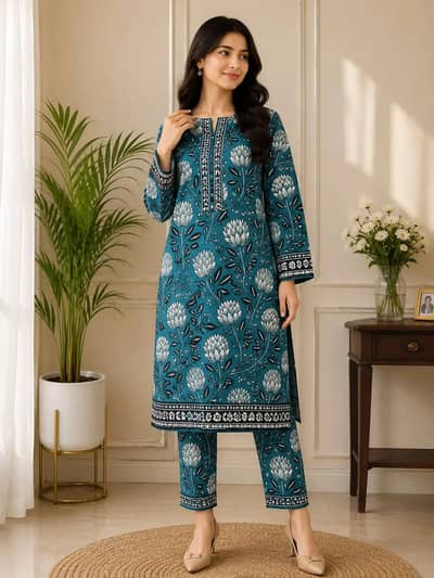 Blue Teal 2 Pcs Unstitched Printed Cotton Suit - Women - New