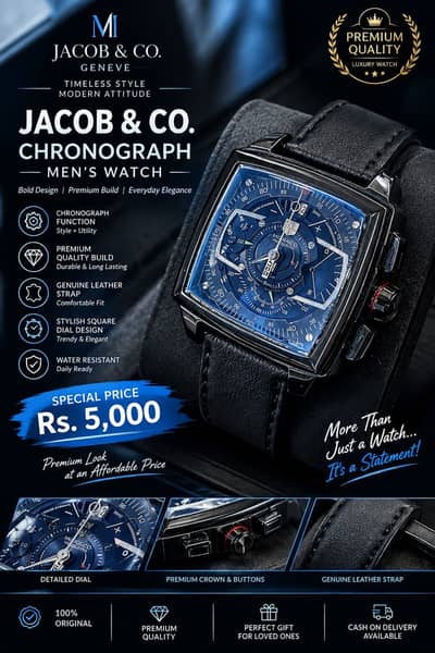 Jacob & Co. Blue Dial Luxury Men's Watch – Stylish Black Square watch