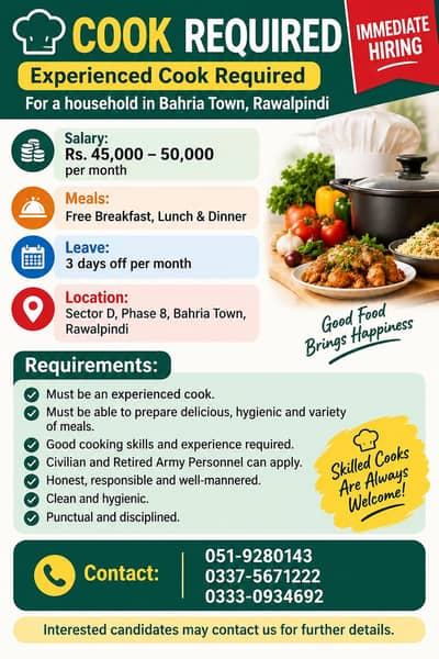 Experienced Cook Required – Bahria Town Rawalpindi