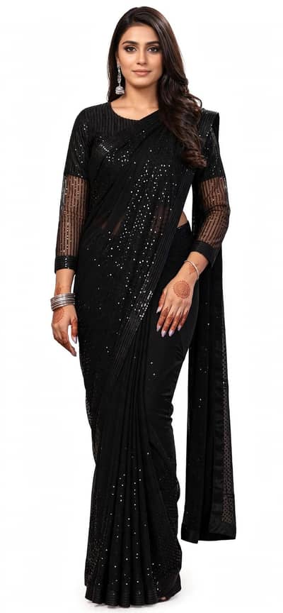 `Black Saree - Light Sequin Work - Simple Party Wear - Karachi`