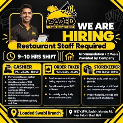 Hiring For Cashier, OrderTaker & Storekeeper