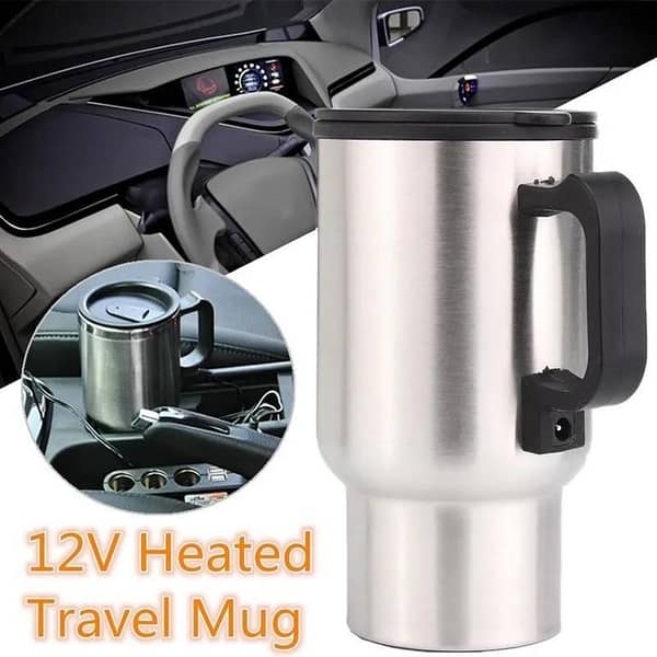 T  12V Car Heating Cup 450ml Stainless Steel Electric Travel Mug, Portable Water Heater for Coffee, Tea & Milk – Car Plug Heated Kettle