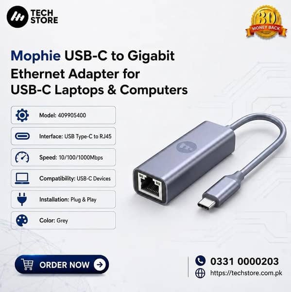 Mophie USB-C to Gigabit Ethernet Adapter for USB-C Laptops & Computers | RJ45 LAN Network Adapter