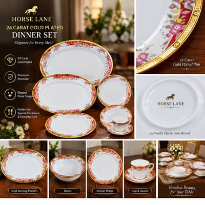 Rare Horse Lane 24 Carat Gold Plated Antique Dinner Set – Unused