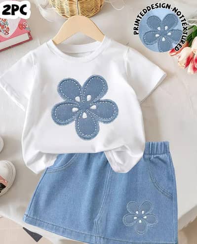2 Pcs Cute Baby Girl Dress - Flower Shirt & Skirt Set