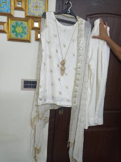 white 3 Pcs fancy dress with dupatta sleeveless inner
