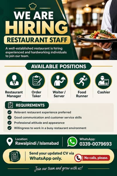 Waiter / Order Taker / Restaurant Manager / Restaurant Jobs / Server