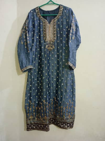 fancy grey and dark blue dress with embroidery, stones and beats work