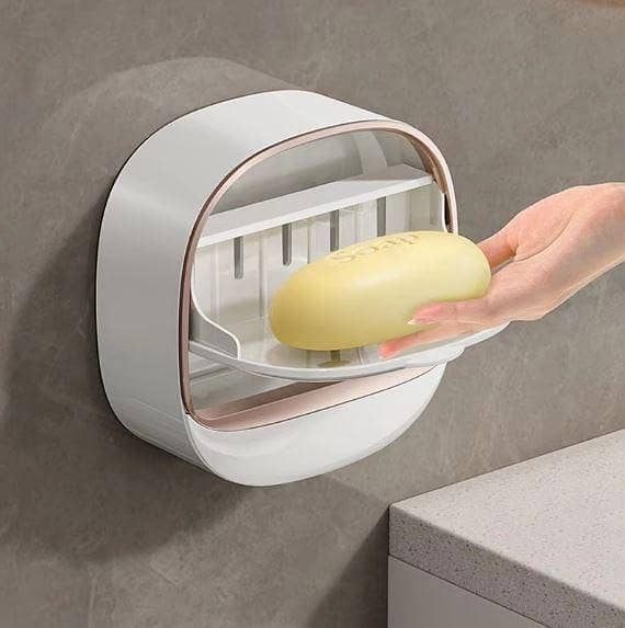 T  Luxury Soap Holder with Drain Tray – Wall Mounted Soap Box, Self-Draining Soap Case, Waterproof Adhesive Soap Dish, Multi-Functional Soap Storage Holder for Bathroom, Shower, Kitchen & Wash Basin Use