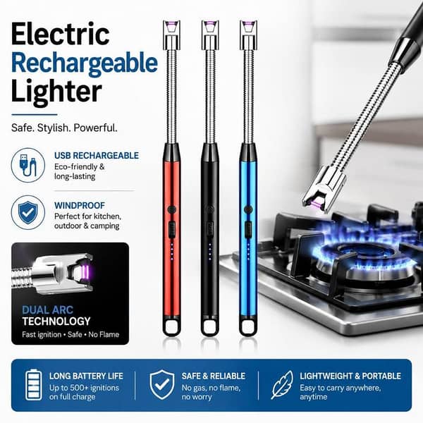 T  Rechargeable Electric USB Arc Lighter – Windproof Flameless Lighter with LED Battery Display & Flexible Long Neck | USB Charging Lighter for Candles, Gas Stove, BBQ Grill, Kitchen, Camping & Outdoor Use