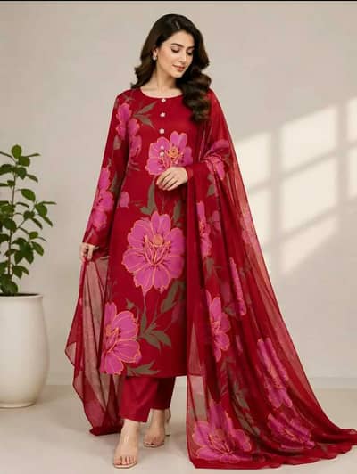 `3 Pcs Red Floral Silk SuitBambe Dupatta  Ladies Collection`