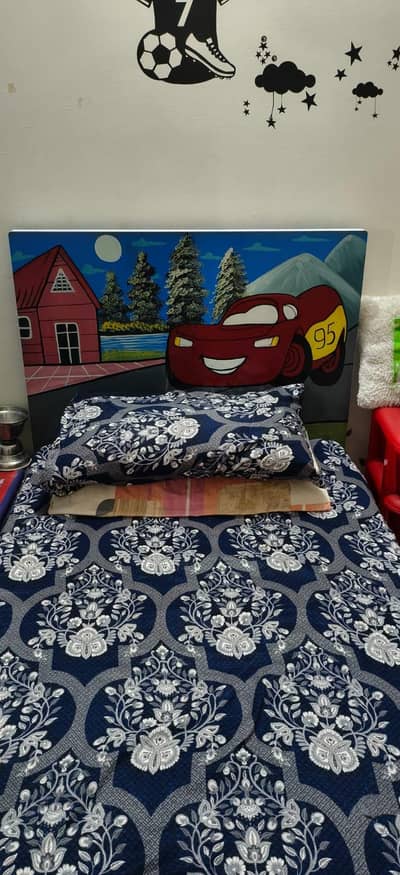 Kids Single Bed with Cars Headboard + Matching Wardrobe | Blue Set