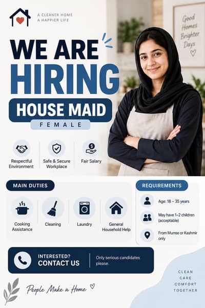 Female Maid Required Live-in in Islamabad - Must read full ad