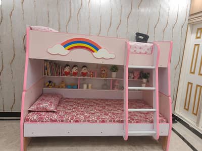 Pink & White Kids Bunk Bed with Storage – Used, Good Condition