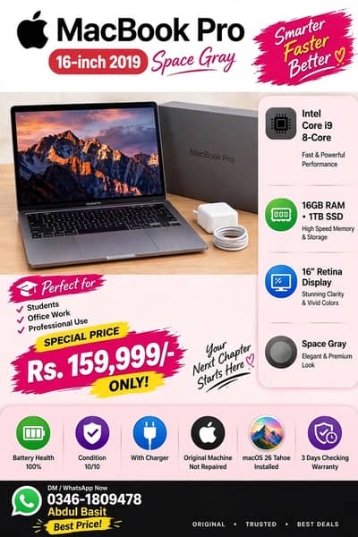 apple macbook pro 2019/16 gb ram 1 tb ssd fresh import pcs