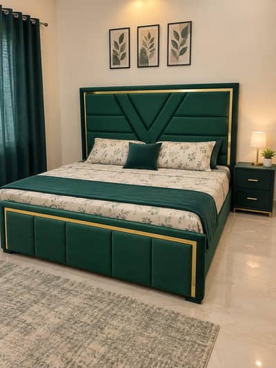 Green Double  king size Bed With Side Tables New 48000