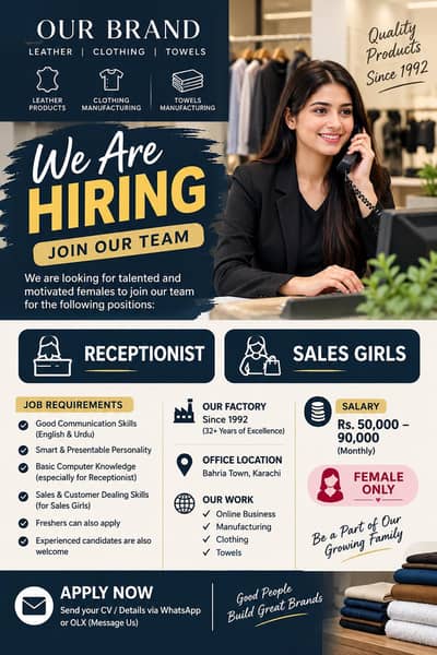 WE ARE HIRING FEMALE STAFF FOR OUR NEW OFFICE IN BAHRIA TOWN KARACHI