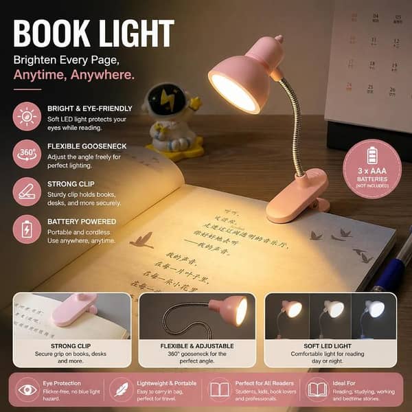 T  Mini LED Book Light Portable Clip On Reading Lamp with Flexible Neck USB Rechargeable for Study Writing Bedroom Desk Travel