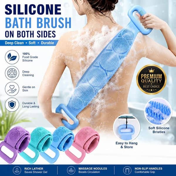 T  Silicone Back Scrubber for Shower – Double-Sided Exfoliating Body Brush Belt, Deep Clean Body Cleaner, Dead Skin Remover, Silicone Loofah Bath Belt with Long Handle, Massage Shower Scrubber for Men & Women