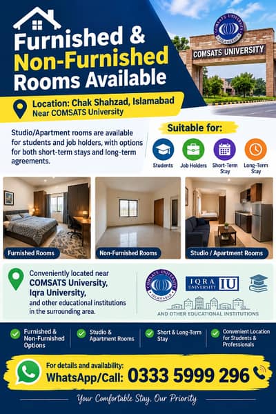 **Furnished & Non-Furnished Rooms Available** **Location: Chak Shahzad, Islamabad Near COMSATS University**