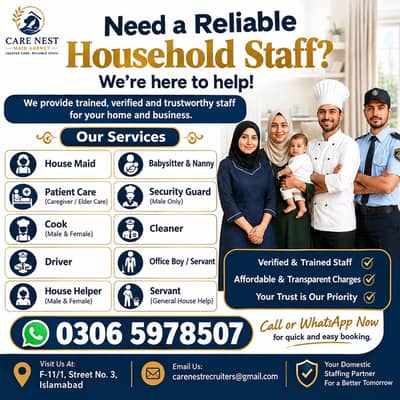 Maids in Islamabad, Cook, chef , Baby Sitter, Filipino , Patient care